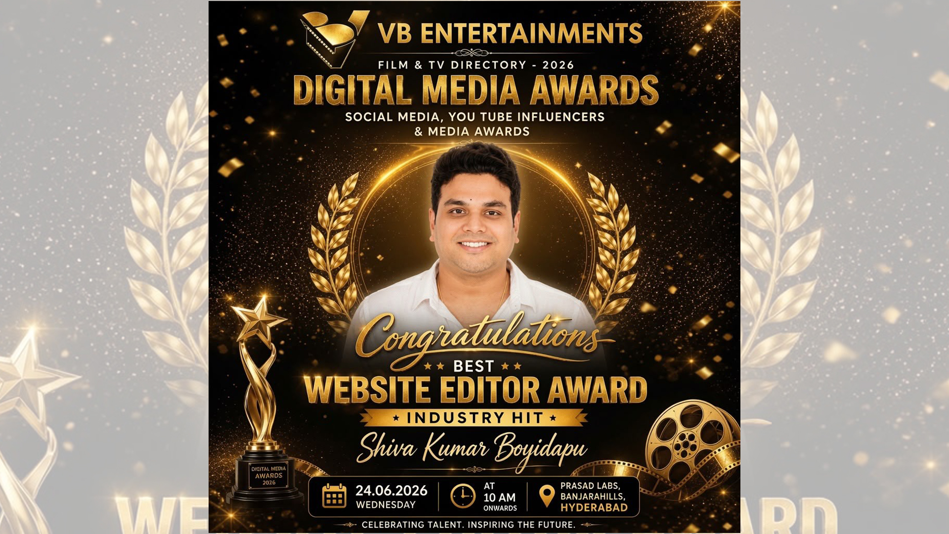 VB ఎంటర్‌టైన్‌మెంట్స్ డిజిటల్ మీడియా అవార్డ్స్ 2026-“బెస్ట్ వెబ్‌సైట్ ఎడిటర్ అవార్డ్” ఇండస్ట్రీ హిట్ శివ కుమార్ బోయిడాపు. Telugu News